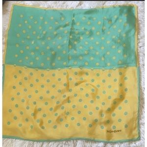 Sale weekend/Yves Saint Laurent 100% silk polka dot and logo scarf. 23x23.Unisex